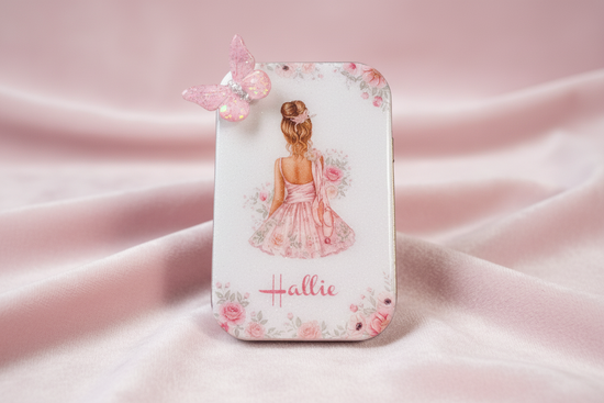 Beautiful personalised  ballet dancer tin small with butterfly magnet