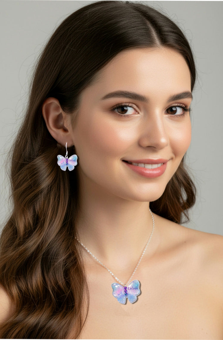personalised butterfly earrings and pendant jewellery set. handmade