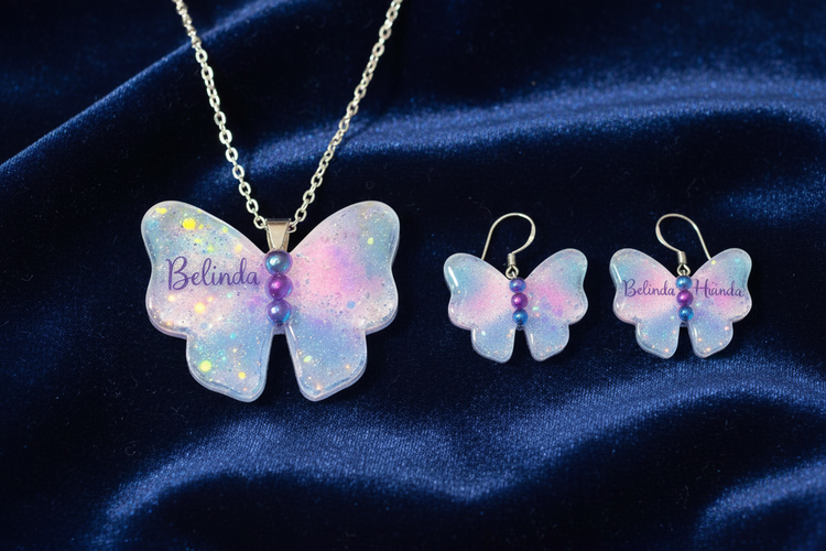 Personalised with name Butterfly-themed jewellery set with necklace and earrings 