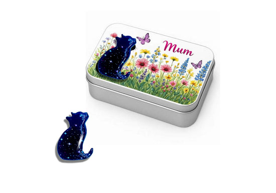 Personalised small tin with  a black cat magnet, unique