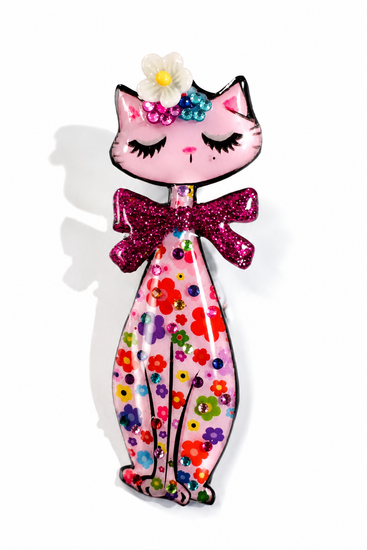 pink Retro tall cat brooch  handmade