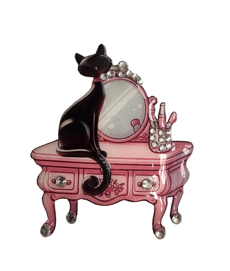 pink retro black cat on dressing table unique brooch handmade