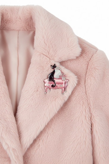 pink retro black cat unique brooch handmade by flutterframes