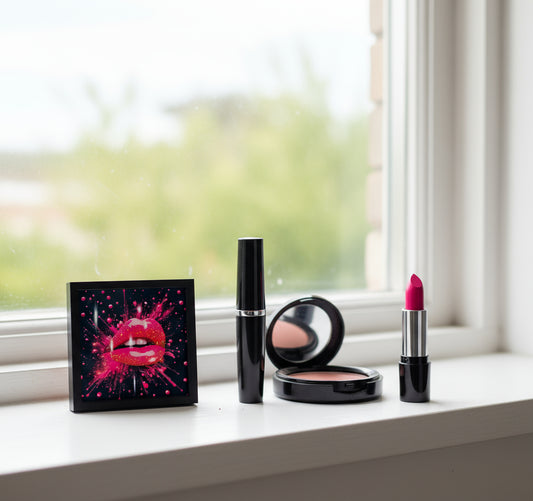 Framed artwork of a vibrant pink lips 