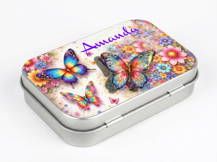 Personalised name Tin box with colorful butterfly design and floral background 