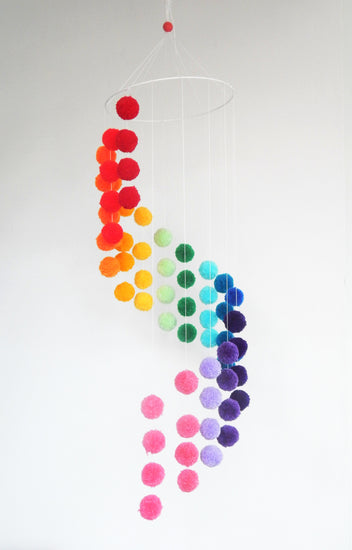 rainbow colours handmade pom pom baby mobile