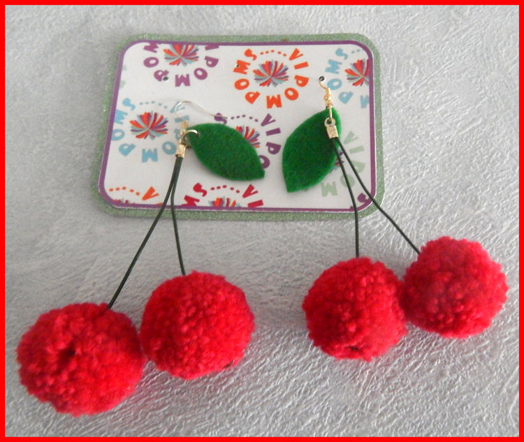 handmade pom pom earrings with cherries