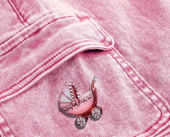 Pink baby carriage handmade with diamantes brooch 