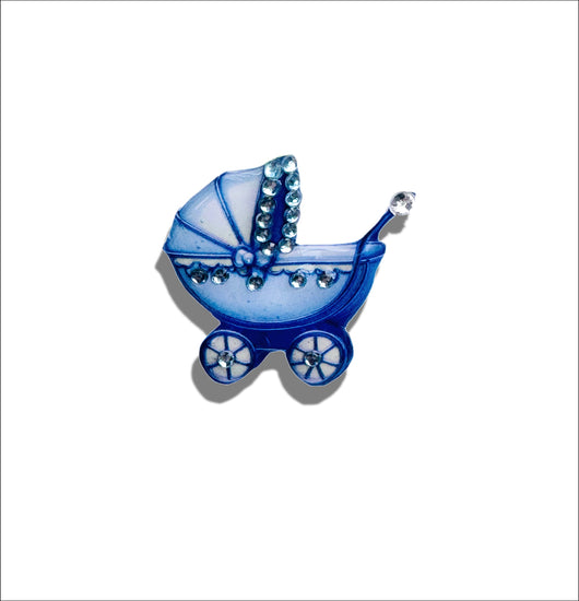 blue baby carriage handmade with diamantes brooch 