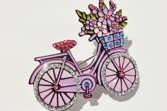  purple bicycle brooch, handmade with flowers and rhinestone