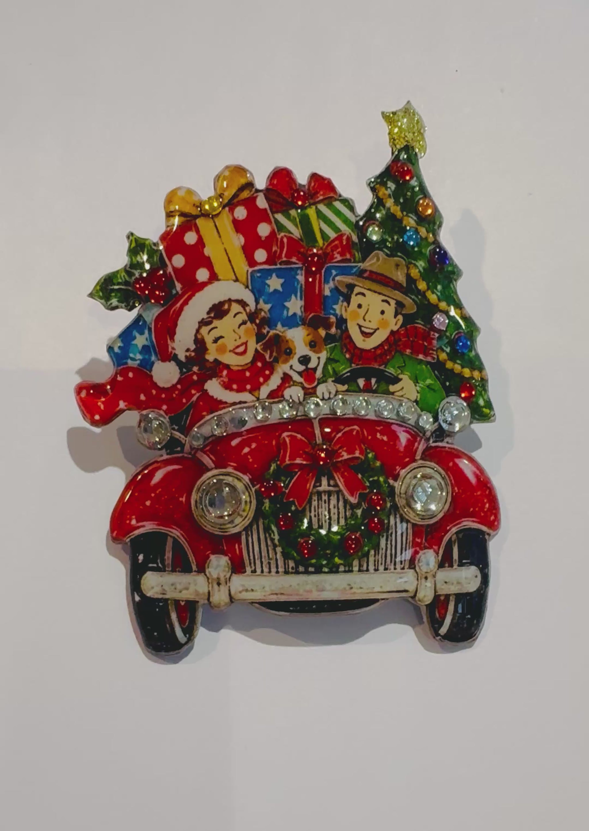 Christmas retro 1950's red car  brooch