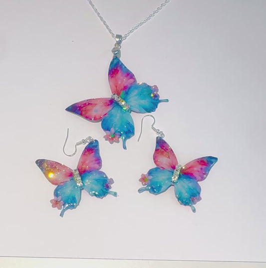 Very pretty Pink and blue butterfly jewellery set