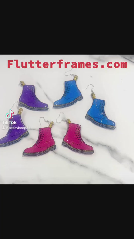 Dr Marten's boot style earrings, purple, pink or blueDM's style earrings.Recycled tin can Earrings,hand crafted sparkle earrings.