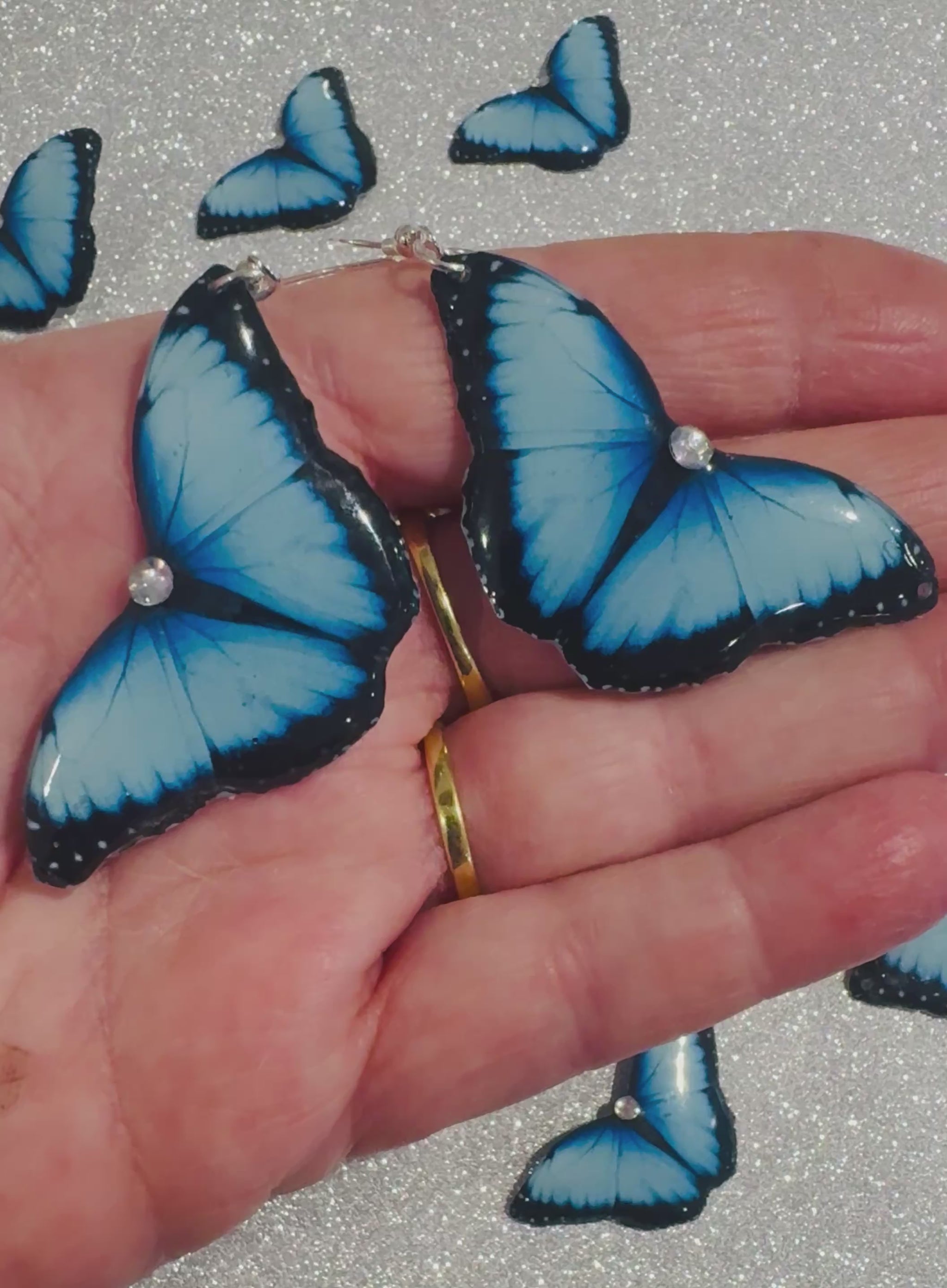 Blue Morpho butterfly earrings. recycled tin cans 