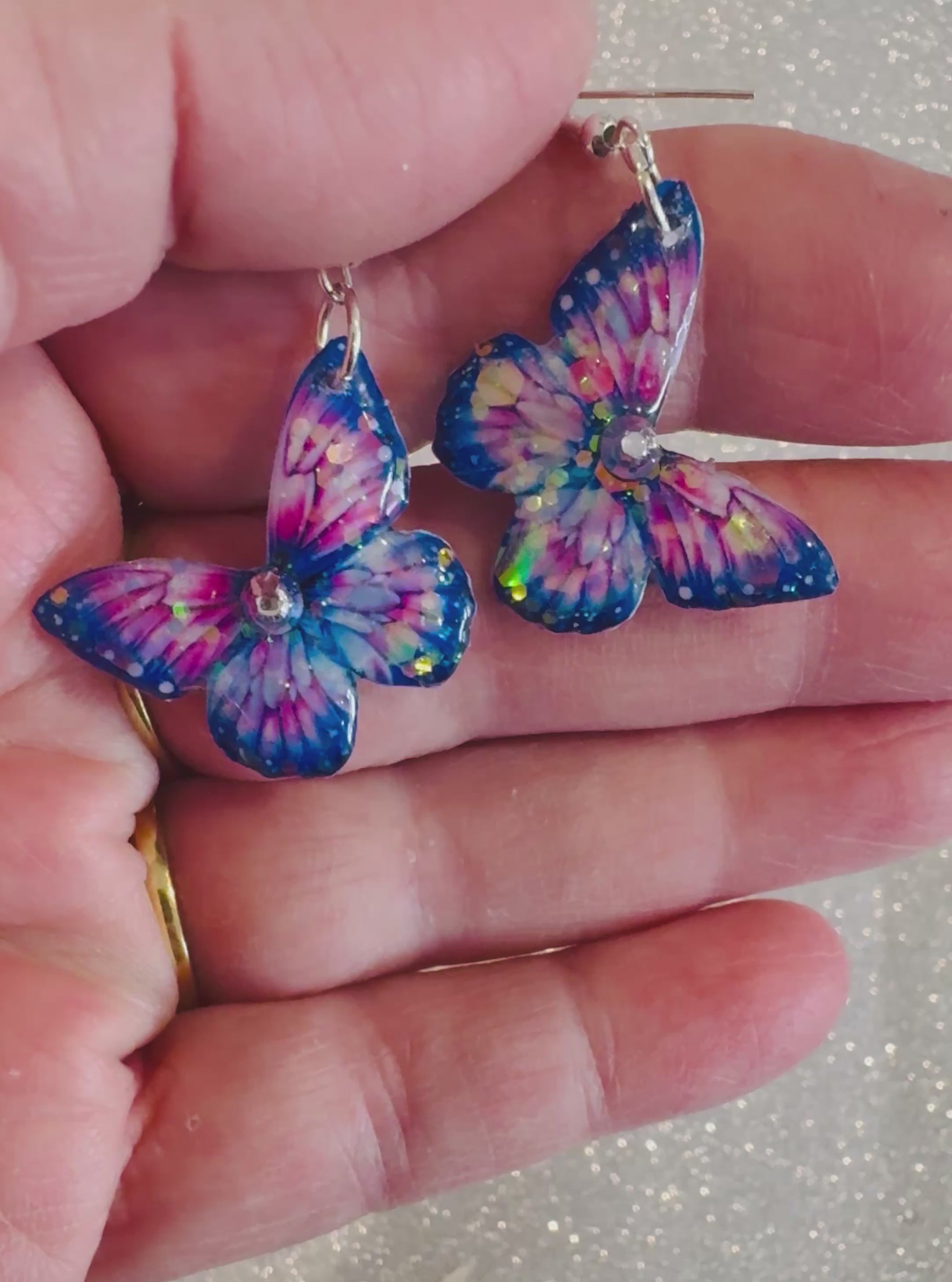 Small pink and blue butterfly drop earrings