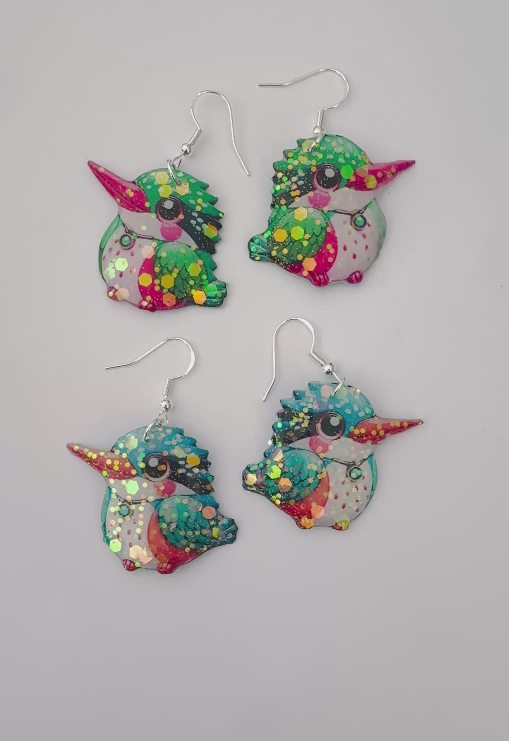 Cute chubby Kingfisher dangle earrings.  Recycled tin can jewellery. Unique and chic.Exotic sparkly Jewellery for Bird Lovers.