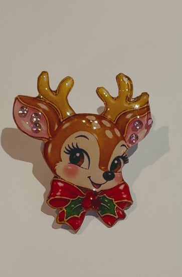 Retro Christmas Reindeer diamante pin. Handmade from recycled tin cans. Completely unique