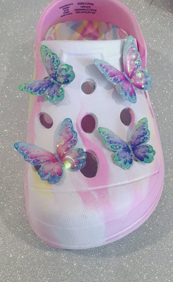 Kids Butterfly Crocs Shoe Charms, 3D Children's Butterfly croc style Shoe Clips. Handmade enamel shoe Accessories. From recycled tin cans