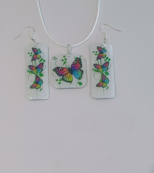 Butterfly dangle earrings and pendant set. Upcycled tin can.Tin anniversary gift