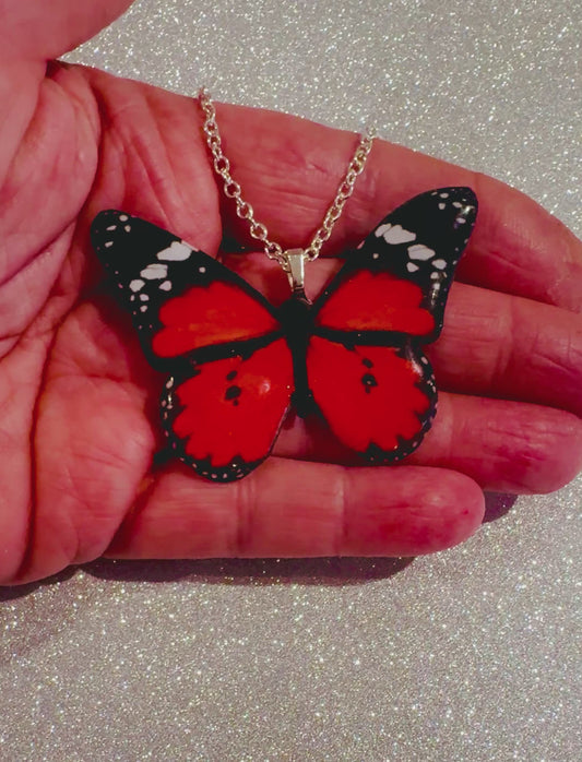 Handmade Red butterfly pendant.Lesser Wanderer butterfly necklace