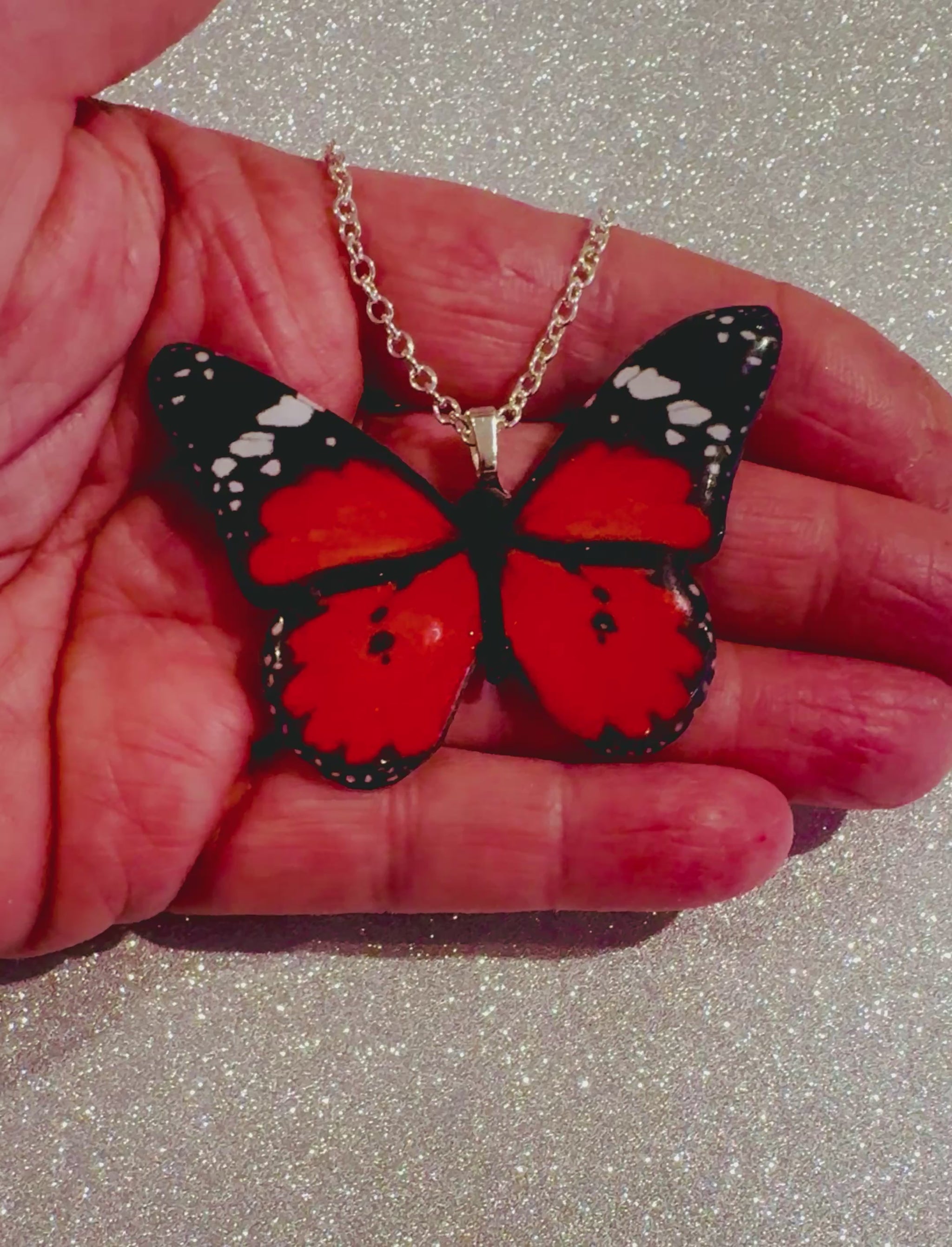 Handmade Red butterfly pendant.Lesser Wanderer butterfly necklace