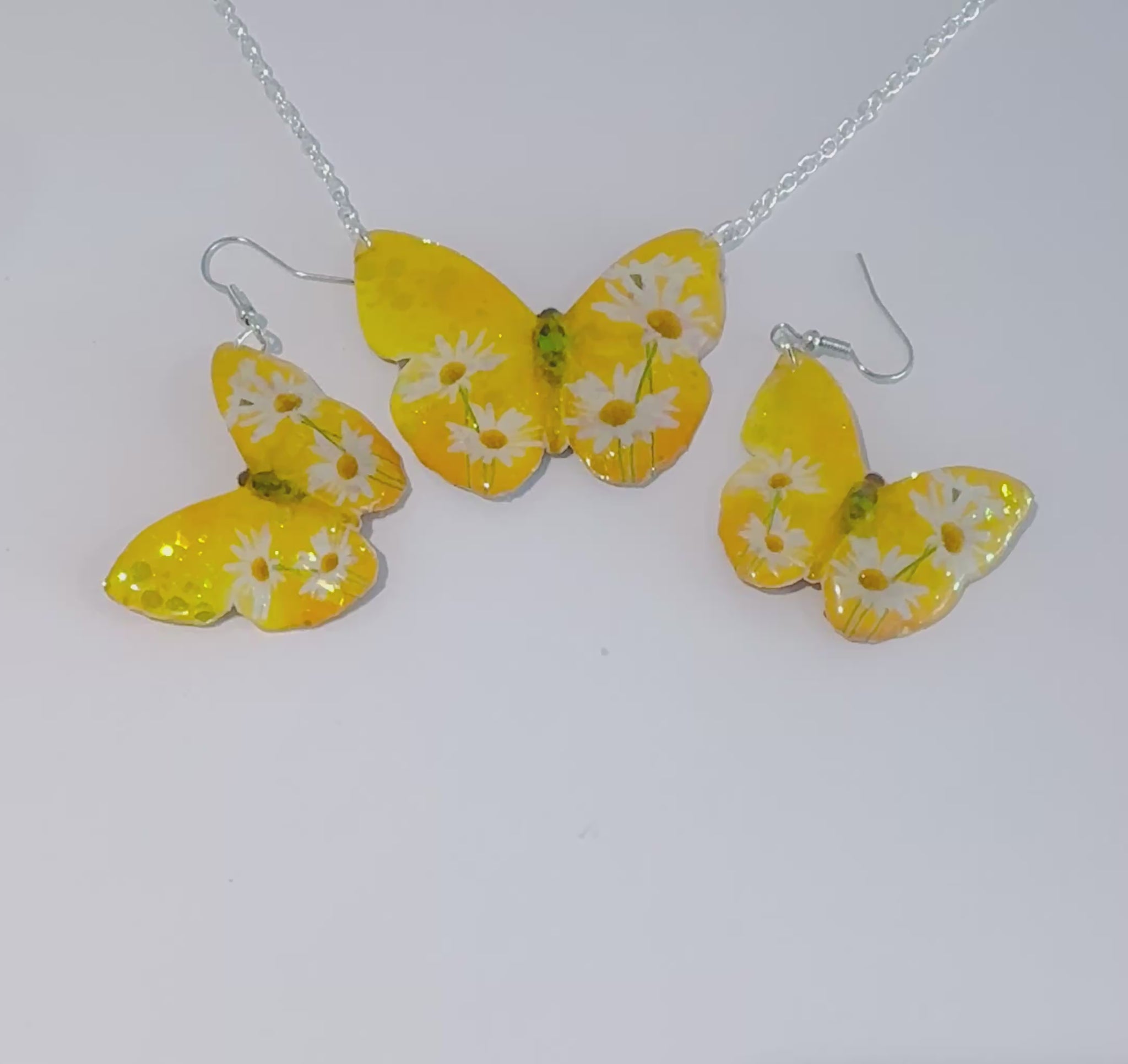 Beautiful yellow butterfly earrings and necklace set. Tin anniversary. Handmade from tin cans by Flutterframes