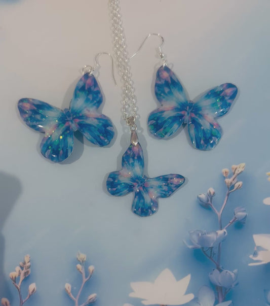 blue and pink  butterfly earrings and pendant