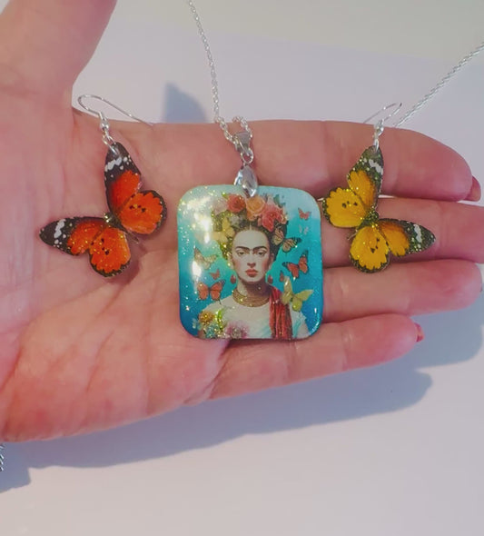 Frida Kahlo and flying butterflies ,earrings and pendant set 