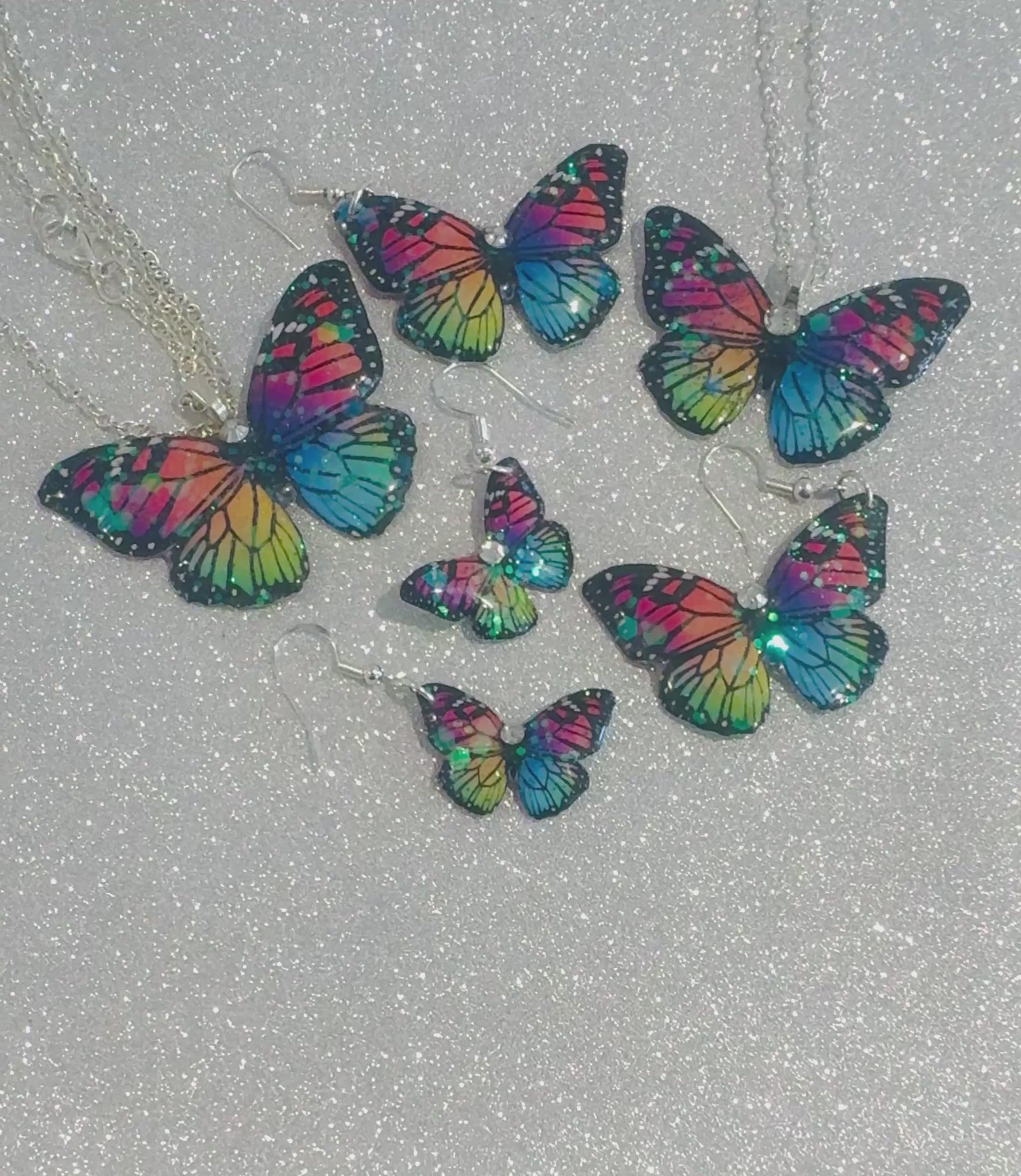 rainbow butterfly jewellery handmade recycled tin colourful unique to Flutterframes