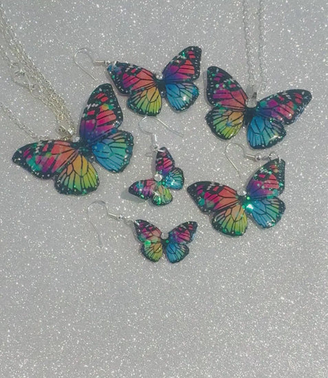 rainbow butterfly jewellery handmade recycled tin colourful unique to Flutterframes