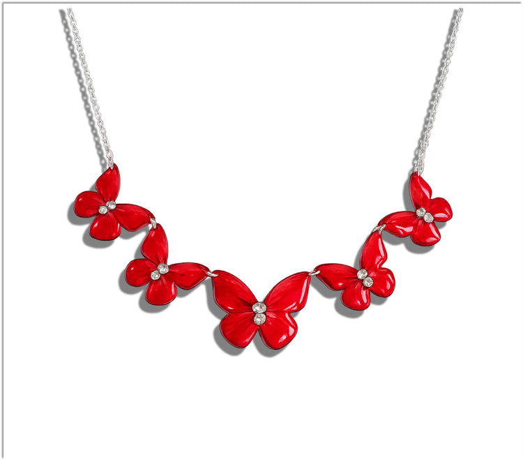  glossy 5 red butterflies necklace, handmade from tin cans