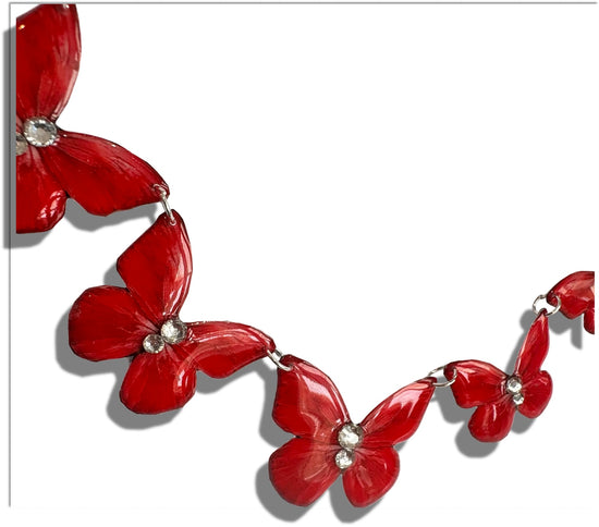 5 red butterflies necklace, handmade from tin cans. unique