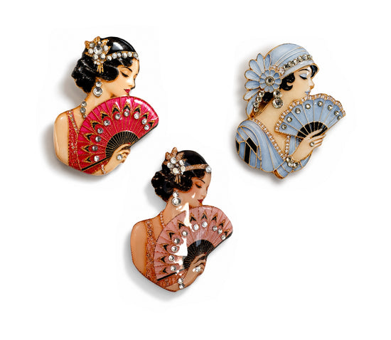 Art Deco Retro lady pin/brooch, with fan. Handmade