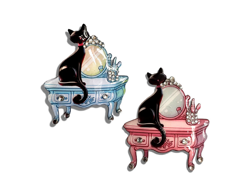 pink and blue retro black cat unique brooch handmade by flutterframes