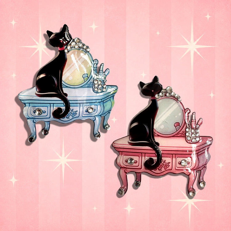 blue and pink retro black cat unique brooch handmade by flutterframes