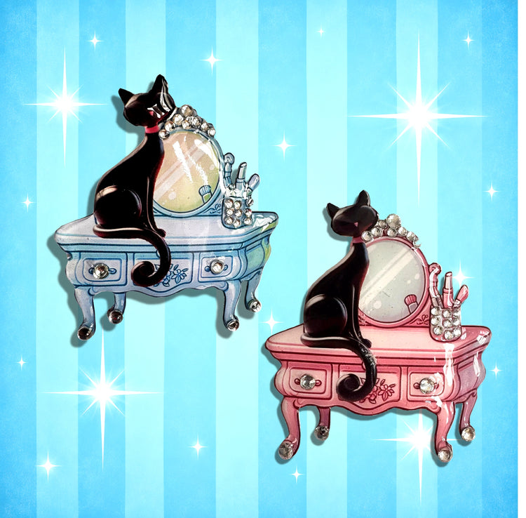 blue and pink retro black cat brooch handmade by flutterframes