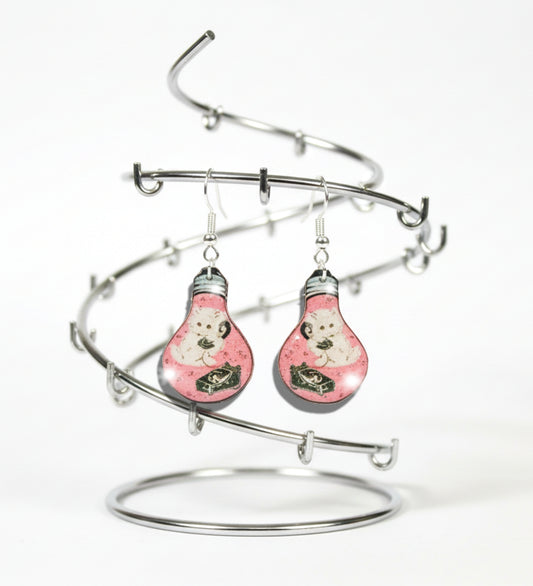 Retro Cat on a telephone earrings, unusual, unique dangle cat light bulb earrings. Funky atomic style jewellery