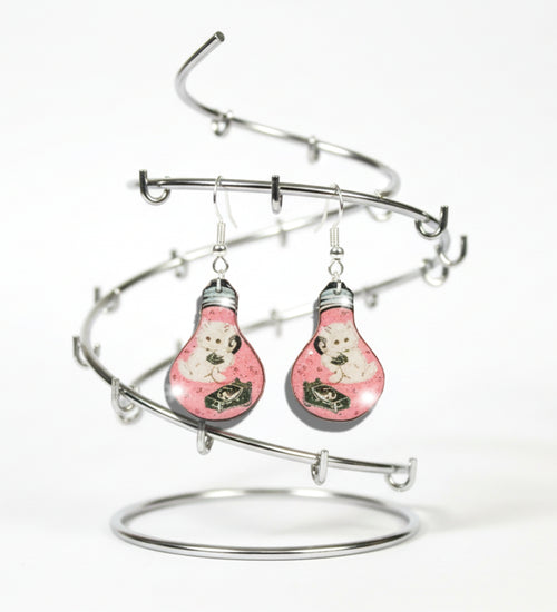 Retro Cat on a telephone earrings, unusual, unique dangle cat light bulb earrings. Funky atomic style jewellery