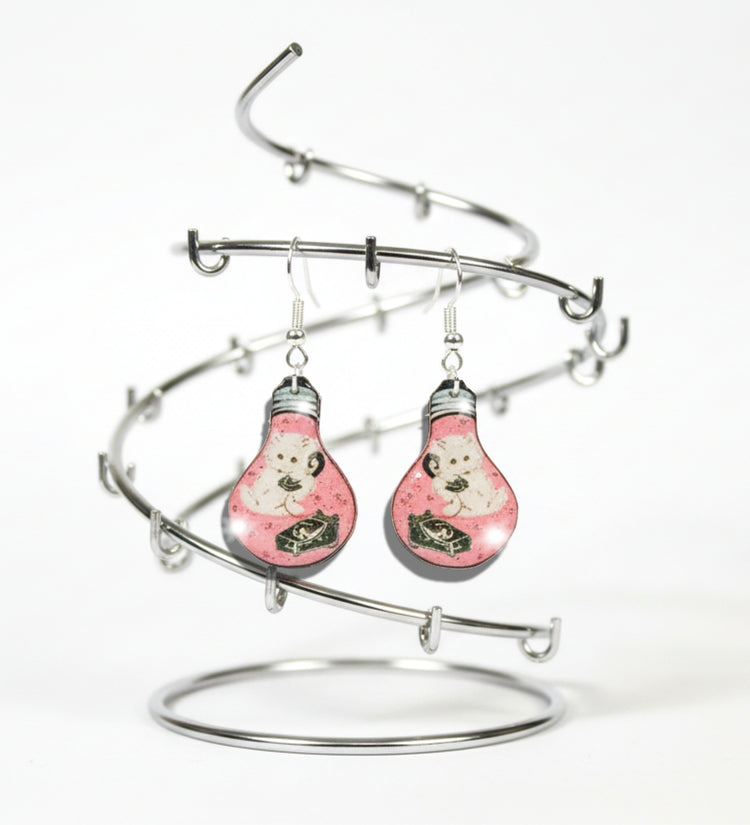 Retro Cat on a telephone earrings, unusual, unique dangle cat light bulb earrings. Funky atomic style jewellery