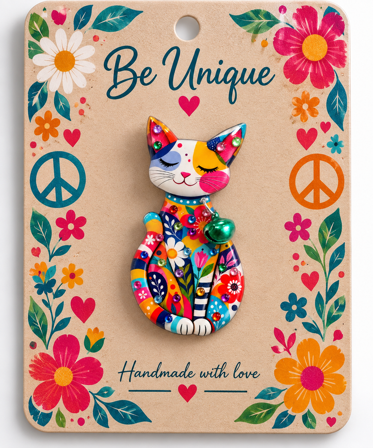 retro colourful cat brooch with bell handmade