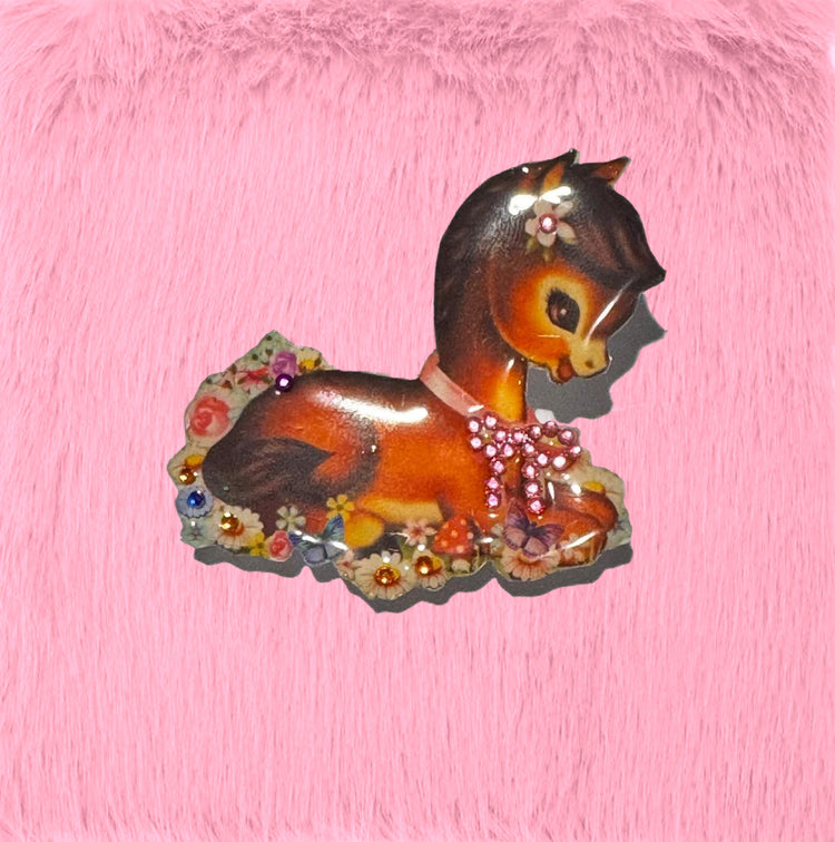 Retro cute pony handmade brooch with diamantes made from tin cans