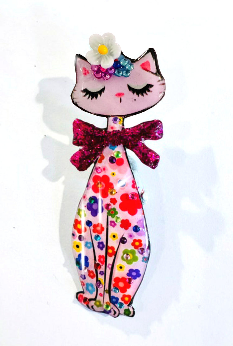 vintage tall cat pink brooch