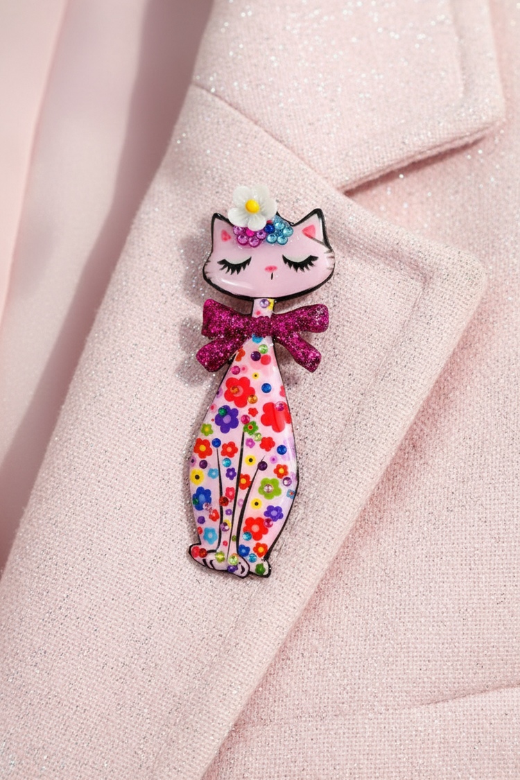 very pretty retro tall cat brooch in pink