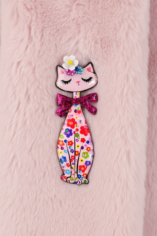 retro tall cat pink brooch