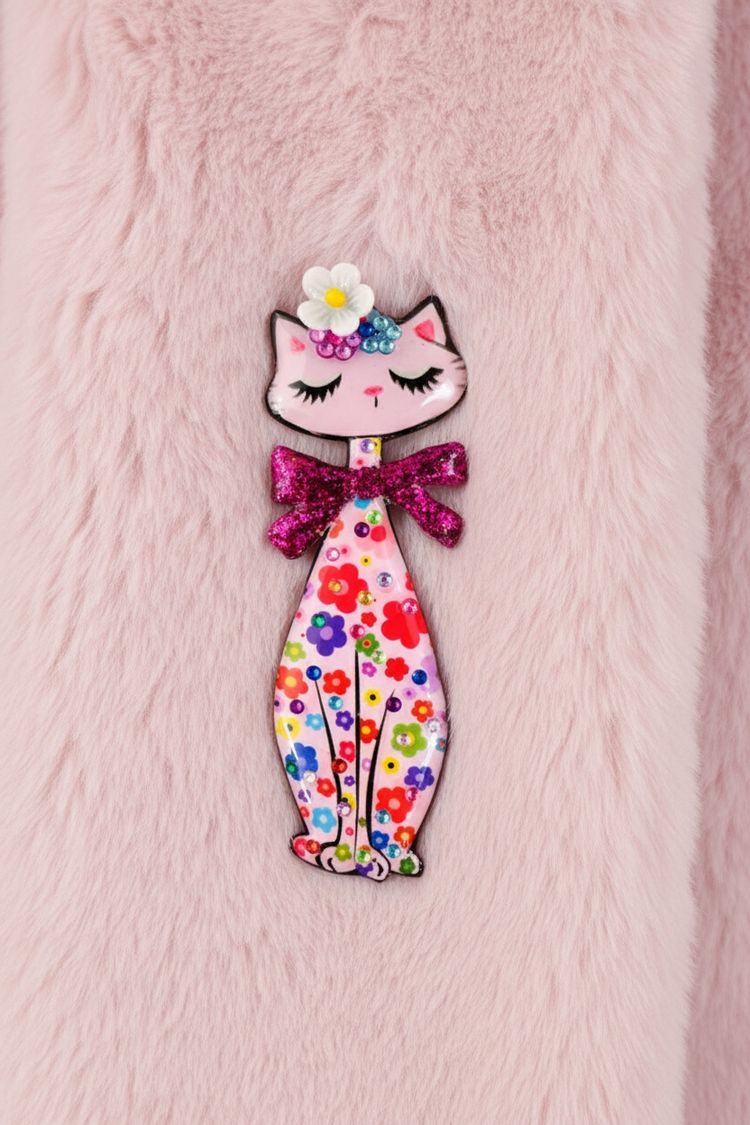 retro tall cat pink brooch