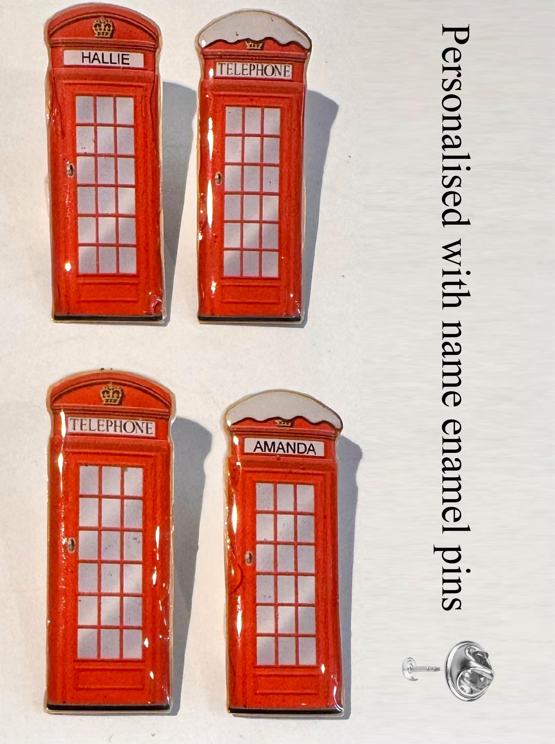 Red Telephone Box Handmade Enamel Pin – Personalised with name - Upcyc ...