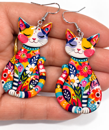 1950's multi-colour funky cat earrings, unique