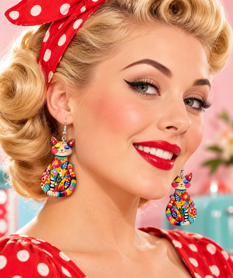 1950's multi-colour funky cat earrings unique, made with recycled tin cans
