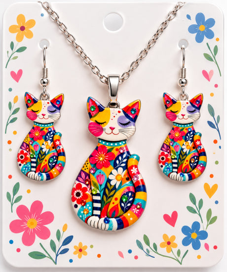1950's multi-colour funky cat earrings and pendant .unique jewellery, made with recycled tin cans
