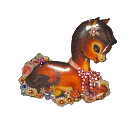Retro cute pony handmade brooch with diamantes